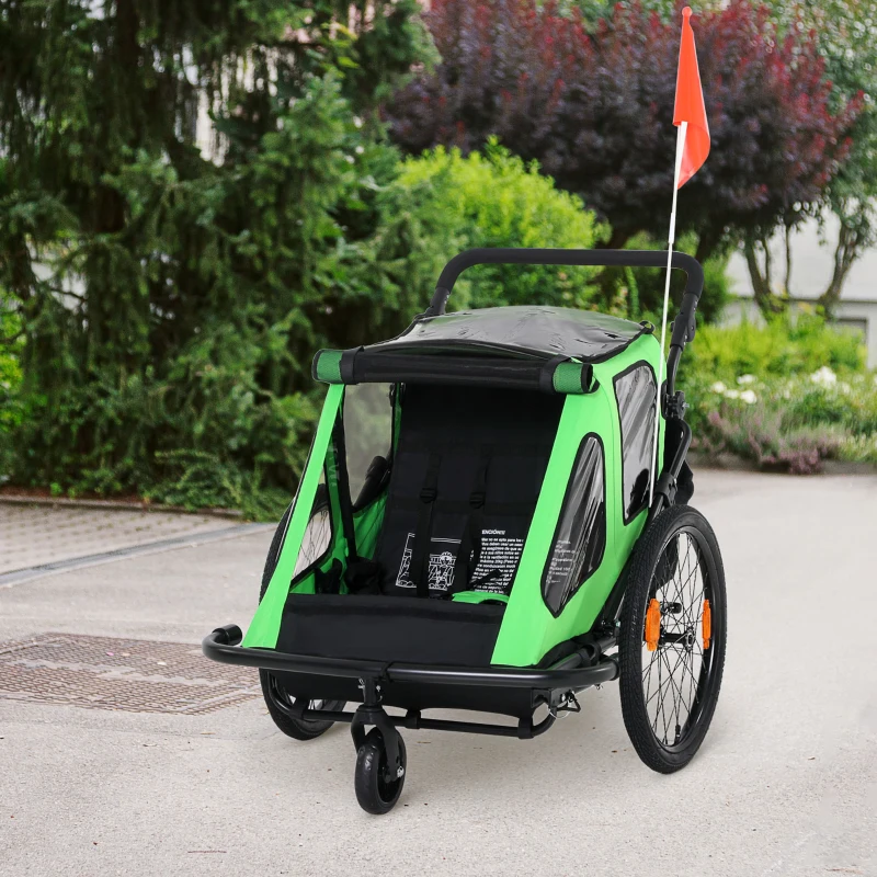 HOMCOM Remolque de Bicicleta 2 en 1 para Niños +18 Meses Plegable Cochecito de Paseo de 2 Plazas con Manillar Ajustable en Altura Bandera y Reflectores 160x83x96 cm Verde
