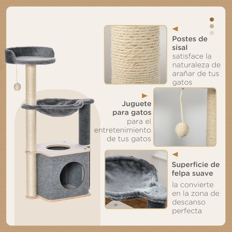 PawHut Árbol Rascador para Gatos 48x34x95 cm Torre para Gatos con Hamaca Plataformas Cueva Extraíble Postes de Sisal Gris