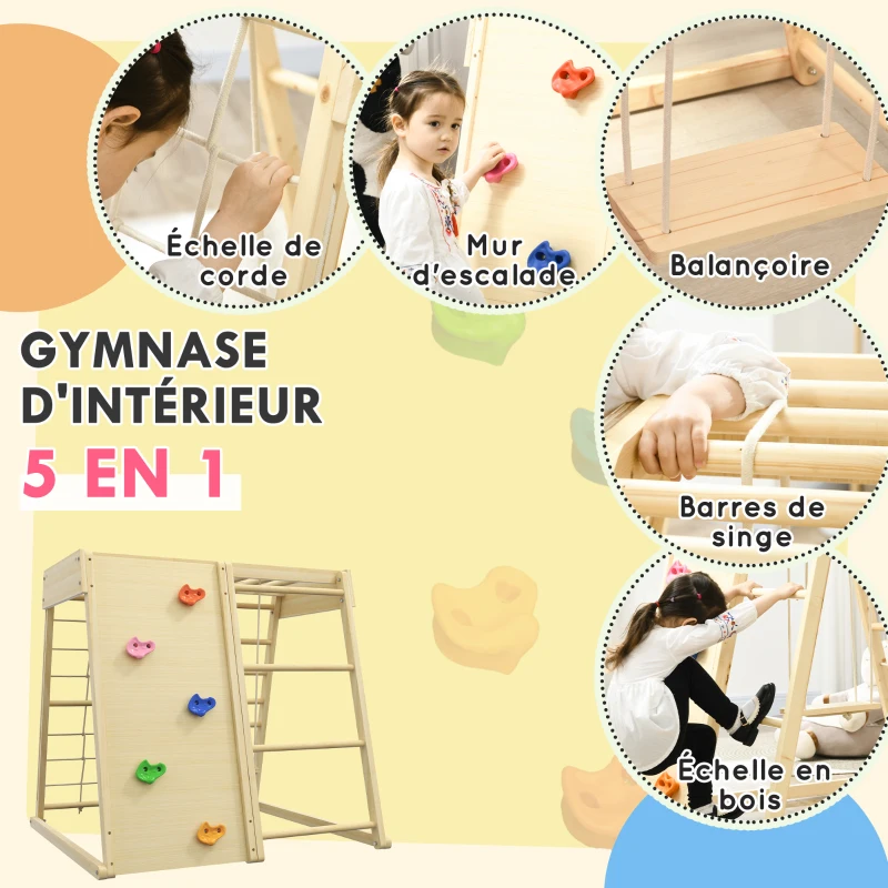 HOMCOM Ensemble d'escalade 5 en 1 avec balançoire mur d'escalade corde et grimpe en bois barres de singe pour enfants