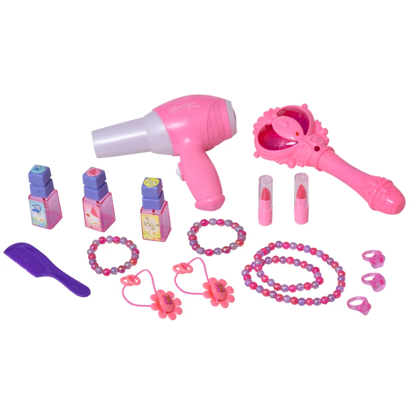 HOMCOM Juego de Tocador Infantil Accesorios de Maquillaje con Espejo de +3 Años Efectos de Luz Música Puerto de MP3 Control Remoto 45x30,5x72 cm Rosa
