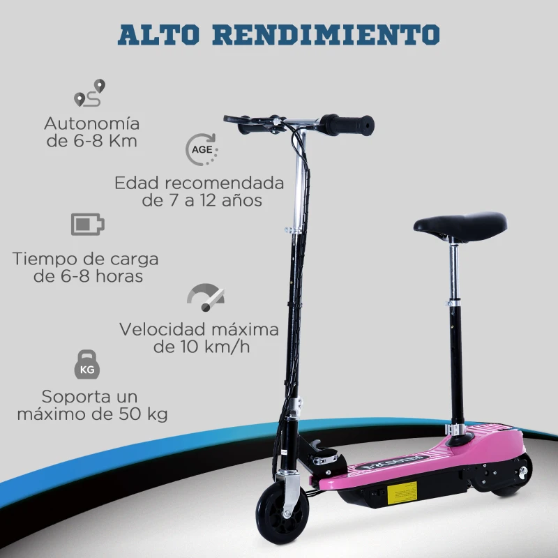 HOMCOM Patinete Eléctrico para Niños Scooter Eléctrico Plegable 120W con Manillar Ajustable Velocidad 10 km/h 78x37x99 cm Rosa