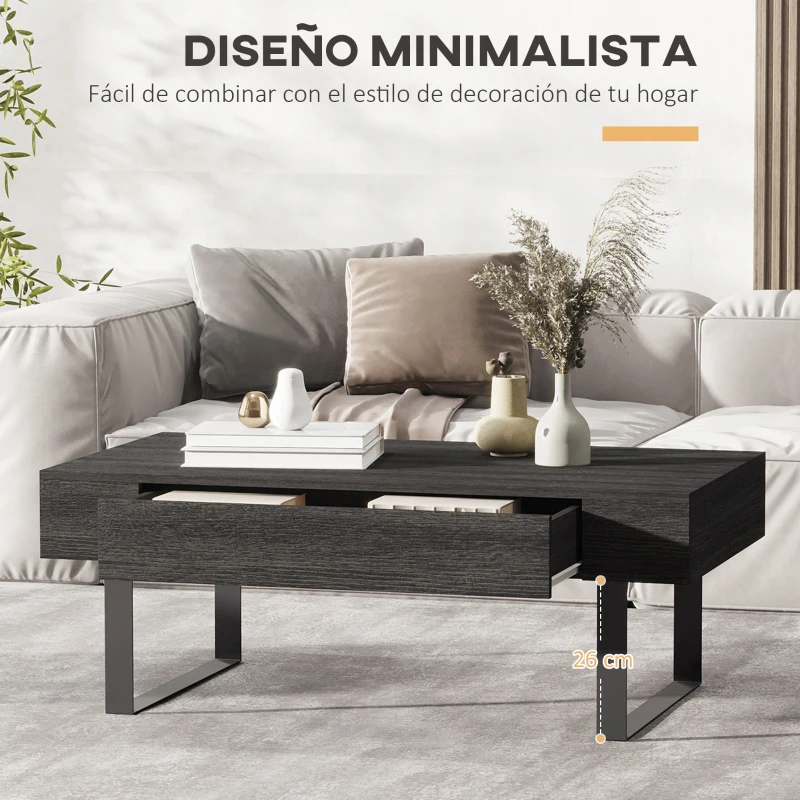 HOMCOM Mesa de Centro Rectangular Mesa Auxiliar con Cajón y Patas Elevadas de Metal Estilo Moderno para Salón Oficina 110x60x40 cm Gris Oscuro