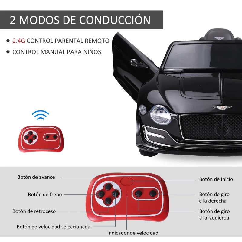 HOMCOM Coche Eléctrico para Niños Bentley GT Coche de Batería para Niños de +3 Años Velocidad 2,5-5 km/h 108x60x43 cm Negro