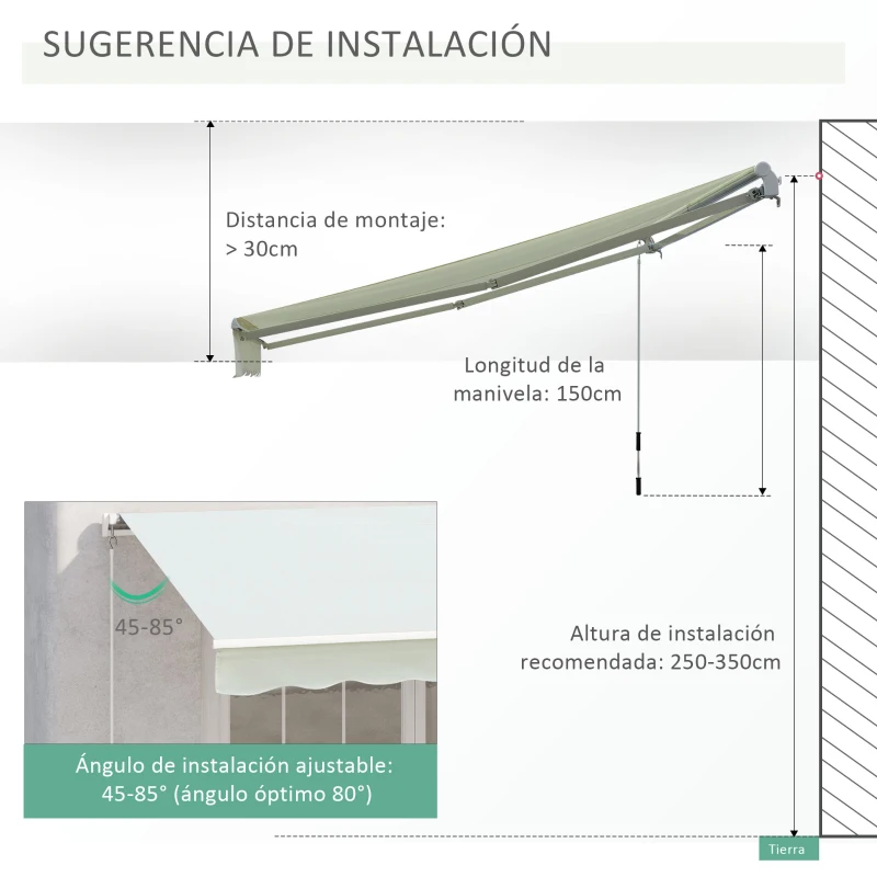 Outsunny Toldo Manual 395x245 cm con Manivela Toldo Balcón Patio Terraza de Aluminio y Tejido Poliéster 280 g/m² Anti-UV Blanco