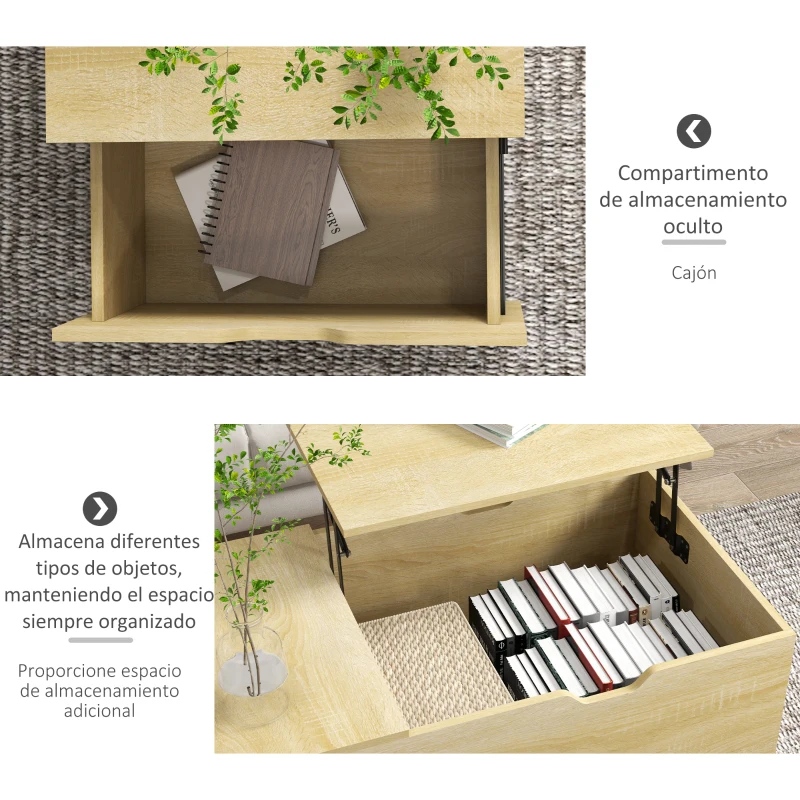 HOMCOM Mesa de Centro Elevable Mesita de Salón con Cajón Compartimento Oculto y Patas de Madera para Oficina 98x54x48cm Natural