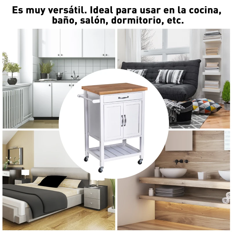 HOMCOM Carro de Cocina Carrito de Servir Multiusos Estantería Carrito Auxiliar con Ruedas para Baño Dormitorio con Estante Cajón Armario 65x48x90cm