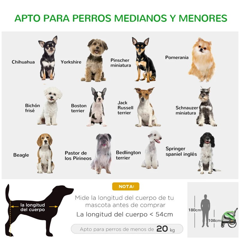 PawHut Remolque de Bicicleta para Perros 2 en 1 con Puertas Enrollables Cinturón de Seguridad Carga 30 kg 140x72,5x108 cm Verde
