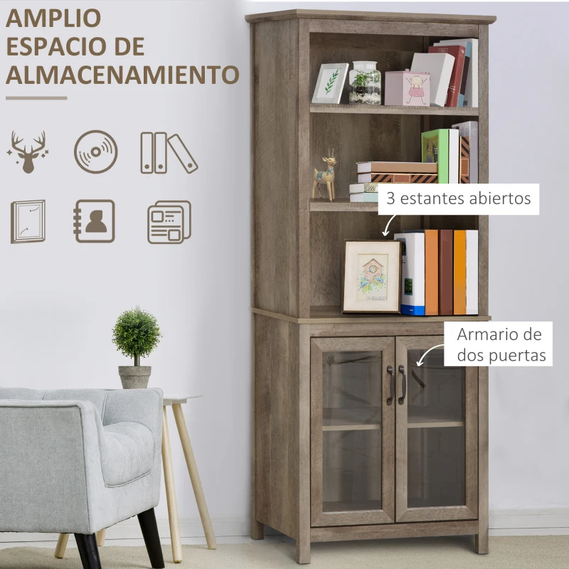 HOMCOM Armario de Libros Librería de Salón con 2 Puertas de Vidrio 3 Estantes Abiertos y Estante Ajustable 76x40x180 cm Natural