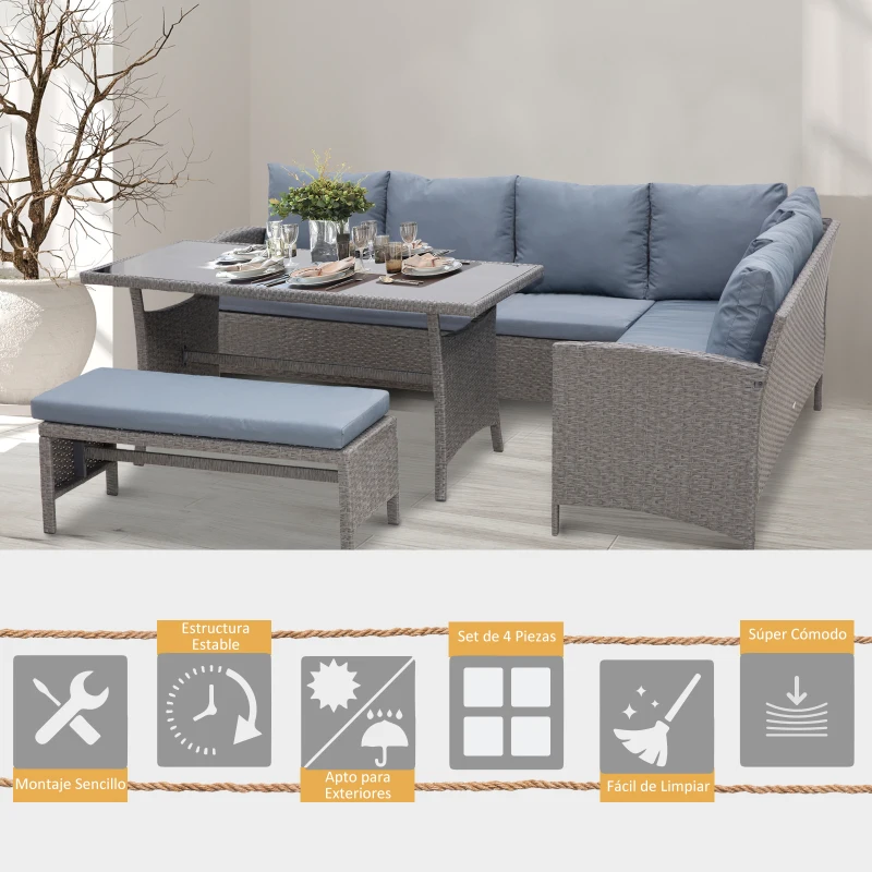 Outsunny Conjunto de Jardín de Ratán Sintético con Sofá Esquinero de 2 Módulos Banco y Mesa con Encimera de Cristal Gris