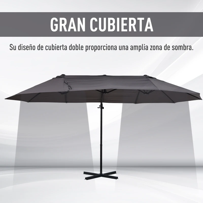 Outsunny Sombrilla Doble de 270x445x260 cm Parasol Grande Inclinable con Manivela para Abrir y Cerrar Fácil Color Gris