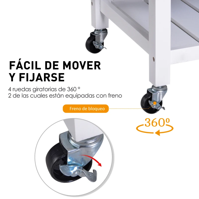 HOMCOM Carro de Cocina Carrito de Servir Multiusos Estantería Carrito Auxiliar con Ruedas para Baño Dormitorio con Estante Cajón Armario 65x48x90cm