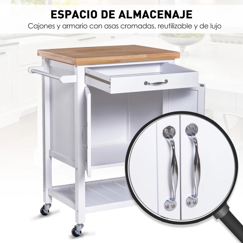 HOMCOM Carro de Cocina Carrito de Servir Multiusos Estantería Carrito Auxiliar con Ruedas para Baño Dormitorio con Estante Cajón Armario 65x48x90cm