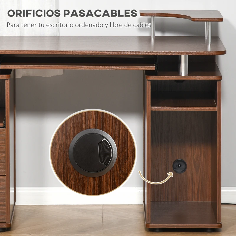 HOMCOM Mesa de Escritorio con Múltiples Estantes 2 Cajones Bandeja de Teclado y Soportes para Monitor CPU 120x55x85 cm Marrón