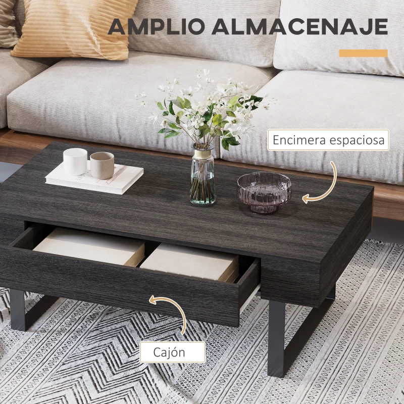 HOMCOM Mesa de Centro Rectangular Mesa Auxiliar con Cajón y Patas Elevadas de Metal Estilo Moderno para Salón Oficina 110x60x40 cm Gris Oscuro
