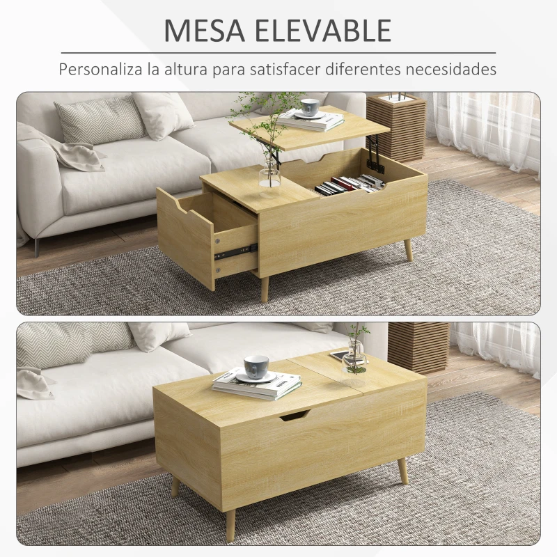 HOMCOM Mesa de Centro Elevable Mesita de Salón con Cajón Compartimento Oculto y Patas de Madera para Oficina 98x54x48cm Natural
