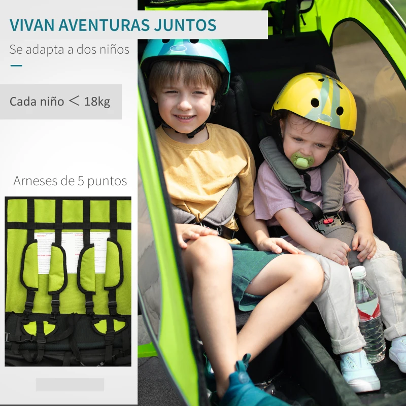 HOMCOM Remolque para Bicicleta con Barra de Paseo para Niños de 2 Plazas con Rueda Delantera Giratoria 360° y Asiento Acolchado Carga Máx. 40 kg Verde