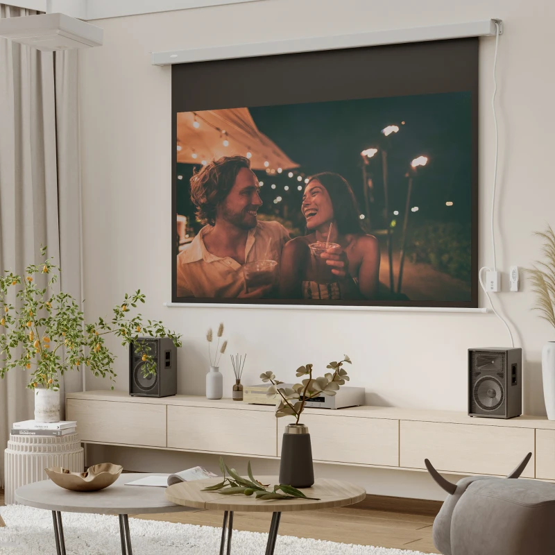 HOMCOM Pantalla de Proyector Eléctrica 80 Pulgadas Pantalla Proyección 16:9 con Mando a Distancia 209x7,5x142 cm Blanco