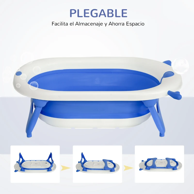 HOMCOM Bañera Plegable para Bebé Recién Nacido hasta 3 Años 81,5x50,5x23,5 cm con Tapón Termosensible Cojín Azul