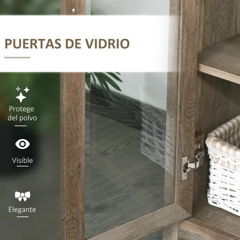 HOMCOM Armario de Libros Librería de Salón con 2 Puertas de Vidrio 3 Estantes Abiertos y Estante Ajustable 76x40x180 cm Natural