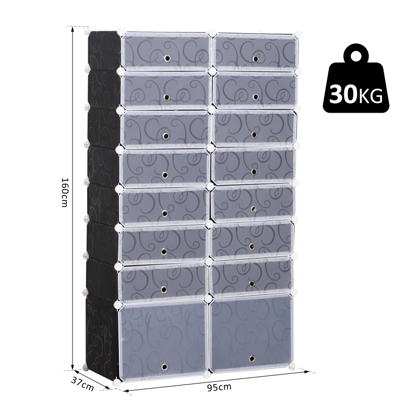 HOMCOM Armario Modular Estantería por Módulos Montaje en Bricolaje Armario Extraíble de 16 Cubos con Puertas para Almacenamiento de Zapatos Ropa Libros 95x37x160cm Blanco y Negro