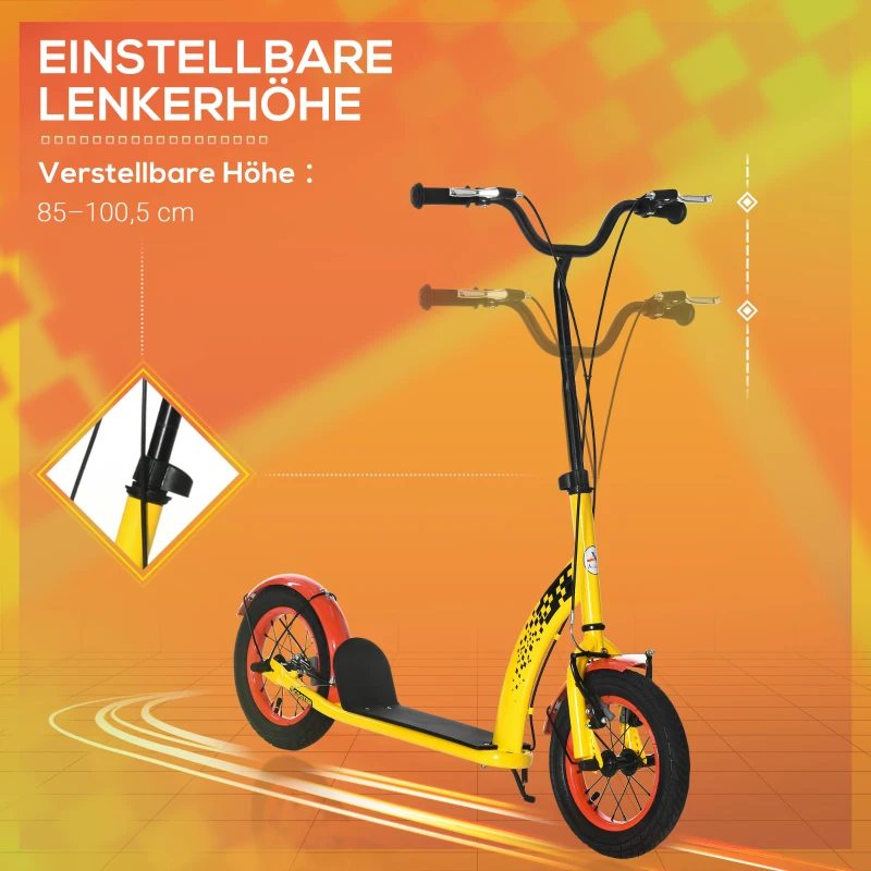 HOMCOM Kinderroller mit 12'' Luftreifen Scooter Tretroller höhenverstellbar Roller Cityroller Kinder Roller Kickboard ab 5 Jahre Kleinkind Schwarz 118 x 55,5 x 85-100,5 cm