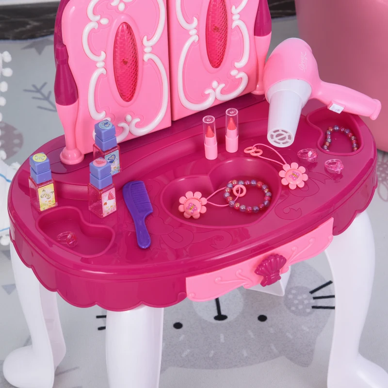HOMCOM Juego de Tocador Infantil Accesorios de Maquillaje con Espejo de +3 Años Efectos de Luz Música Puerto de MP3 Control Remoto 45x30,5x72 cm Rosa
