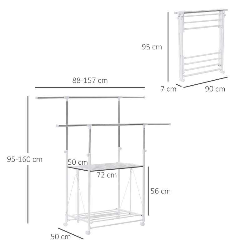 HOMCOM Perchero Plegable para Ropa con Ruedas Barras para Colgar Extensibles Altura Ajustable y 2 Estantes Tendedero de Ropa Tipo Torre 88-157x50x95-160 cm Blanco