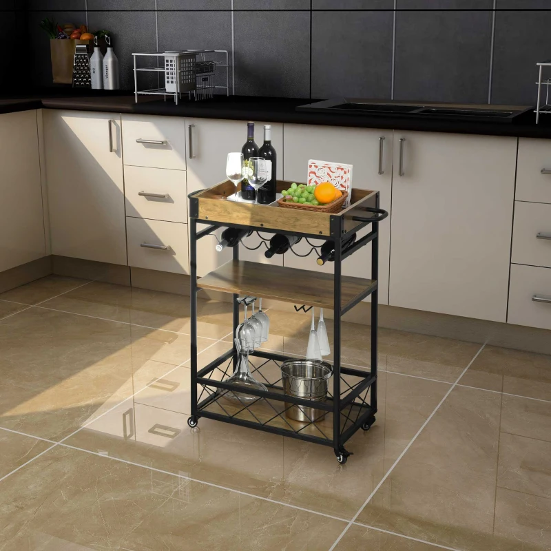 Wózek kuchenny wózek do serwowania z półką na wino i uchwytem na kieliszki hamulcami metal
