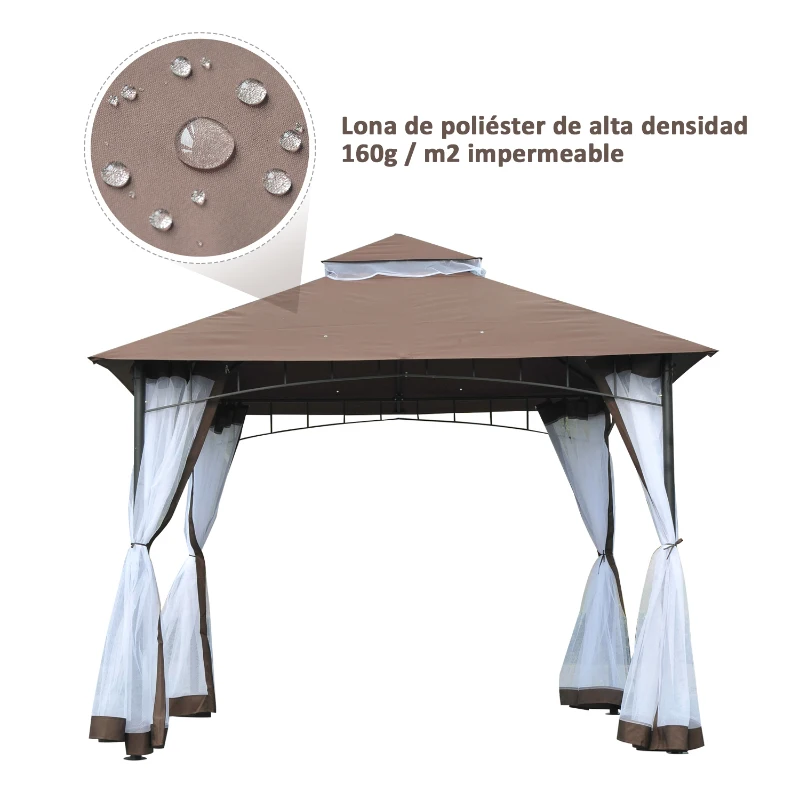 Outsunny Cenador de Jardín 3x3m Pabellón con Doble Techo y Mosquiteras Laterales con Cremallera Buena Ventilación Gazebo para Terraza Eventos Fiestas Bodas Marrón y Blanco
