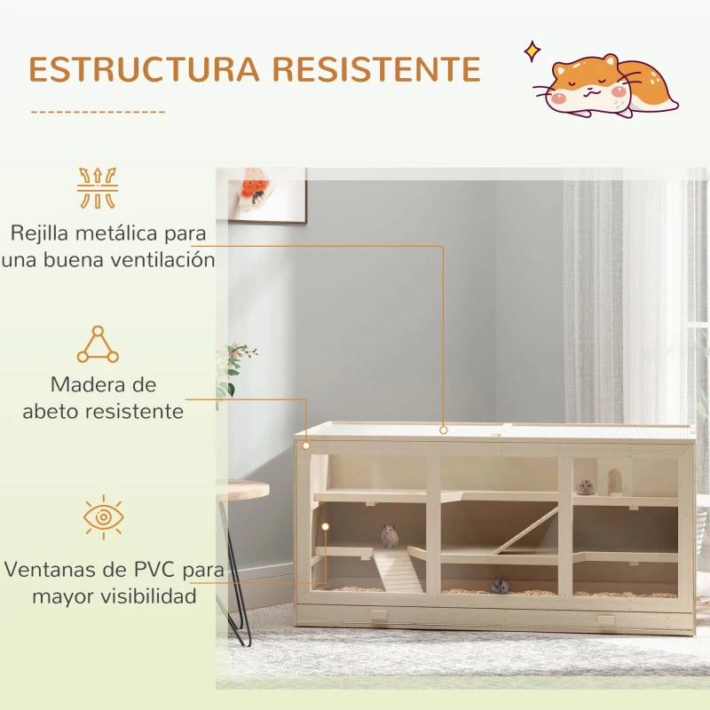 PawHut Jaula para Hámster de Madera Casa para roedores Pequeños con Bandeja Extraíble 2 Plataformas y Rampas 115x57x55 cm Madera Natural