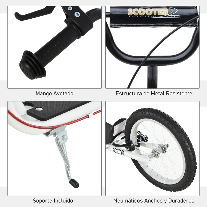 HOMCOM Scooter Patinete para Niños +5 Años y Adolescentes con Manillar Ajustable en Altura 2 Neumáticos de Caucho Inflable con Doble Freno y Ruedas 16" Carga 100 kg 139x58x90-96 cm Blanco