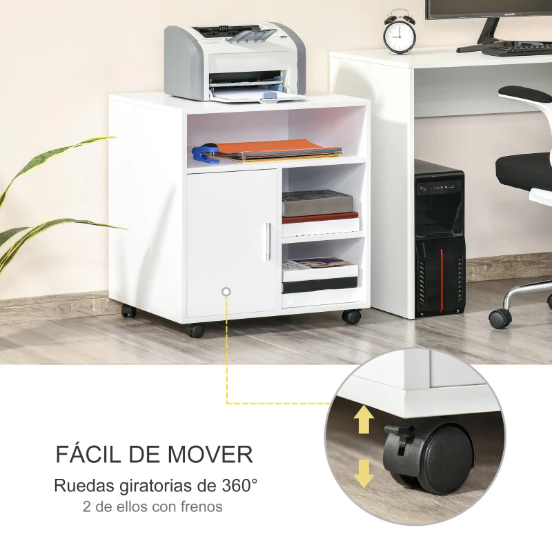 HOMCOM Mueble con Ruedas Armario de Oficina Multifuncional con Estantes con Amplio Espacio de Almacenaje 60x50x65,5 cm Blanco