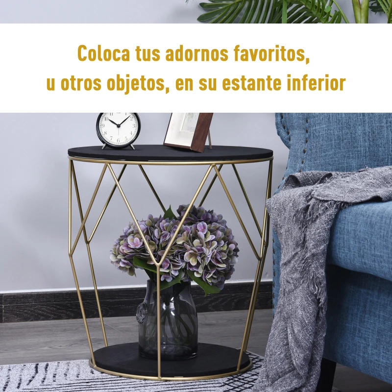 Mesita de Centro Dos Niveles Redonda Estilo Moderno Con Patas de Diseño Φ45x48Al cm Negro y Dorado