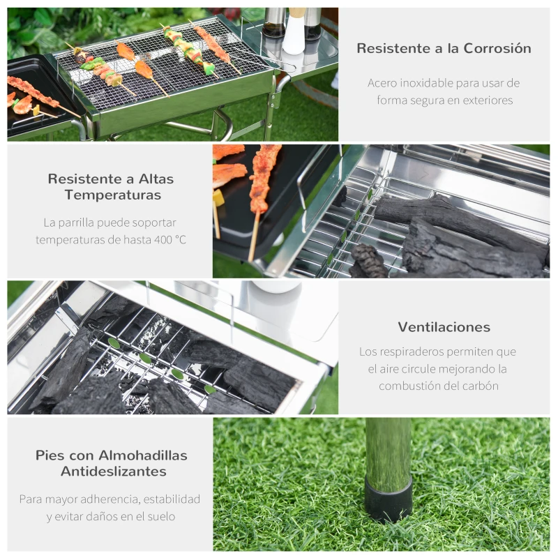 Outsunny Barbacoa de Carbón Portátil de Acero Inoxidable con 2 Estantes Laterales Bandeja y Parillas al Aire Libre para BBQ Camping Senderismo Picnics 104x30x68 cm Plata