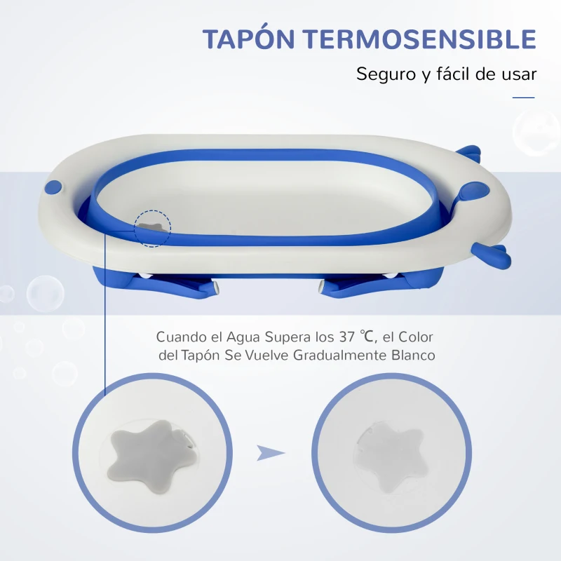 HOMCOM Bañera Plegable para Bebé Recién Nacido hasta 3 Años 81,5x50,5x23,5 cm con Tapón Termosensible Cojín Azul