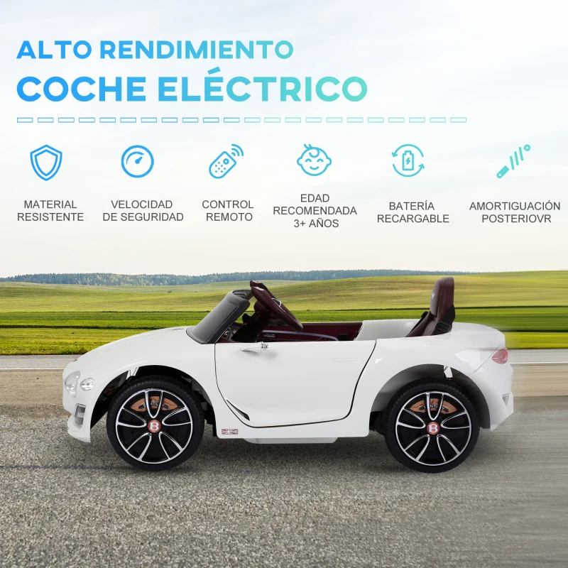 HOMCOM Coche Eléctrico para Niños Bentley GT Coche de Batería para Niños de +3 Años Velocidad 2,5-5 km/h 108x60x43 cm Blanco
