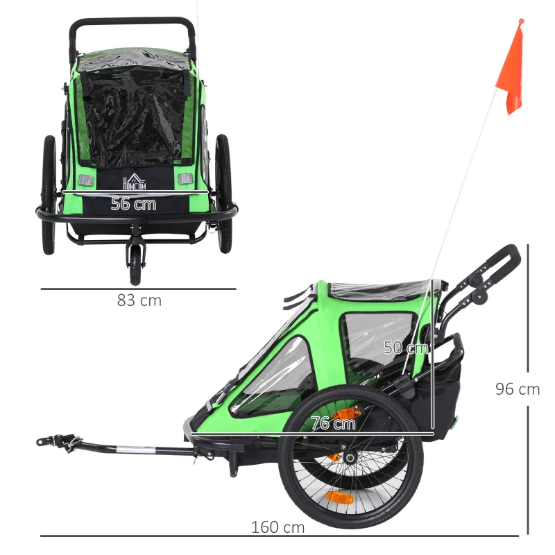 HOMCOM Remolque de Bicicleta 2 en 1 para Niños +18 Meses Plegable Cochecito de Paseo de 2 Plazas con Manillar Ajustable en Altura Bandera y Reflectores 160x83x96 cm Verde