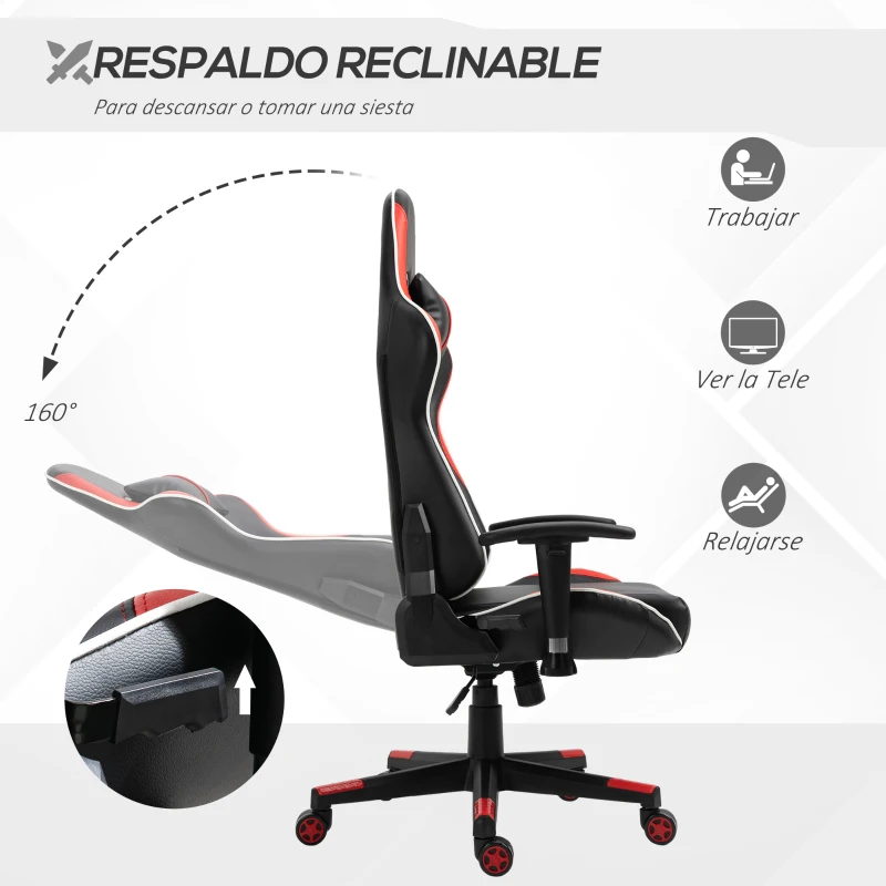 Vinsetto Silla Gaming Silla Racing Reclinable 160° Silla Gamer Altura Ajustable con Reposacabezas 70x60x128-138 cm Negro y Rojo