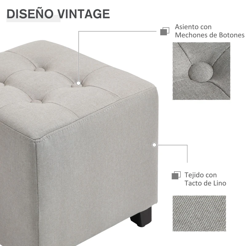 HOMCOM Taburete Bajo Otomana Reposapiés Acolchado con Patas de Madera Maciza Diseño de Botones 35x35x35 cm Gris Claro