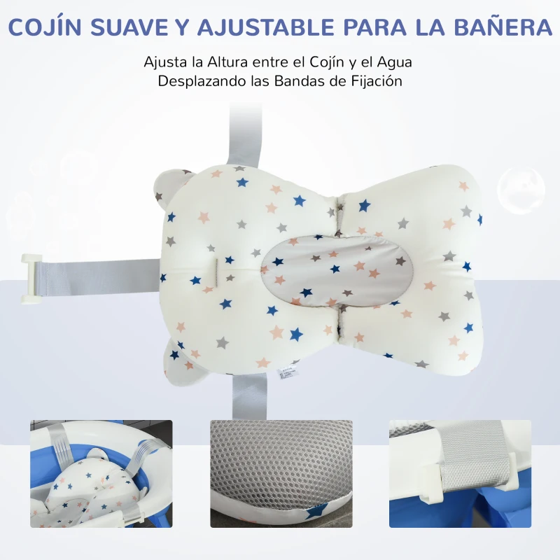 HOMCOM Bañera Plegable para Bebé Recién Nacido hasta 3 Años 81,5x50,5x23,5 cm con Tapón Termosensible Cojín Azul