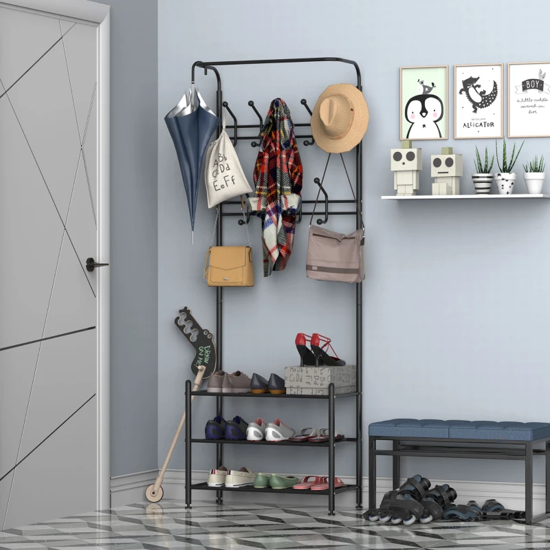 HOMCOM Perchero con Zapatero Perchero Entrada Recibidor con 18 Ganchos 3 Estantes para Zapatos para Pasillo 67x30x185 cm Negro
