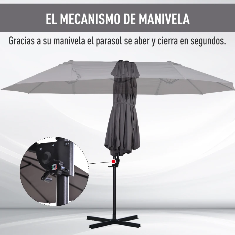 Outsunny Sombrilla Doble de 270x445x260 cm Parasol Grande Inclinable con Manivela para Abrir y Cerrar Fácil Color Gris