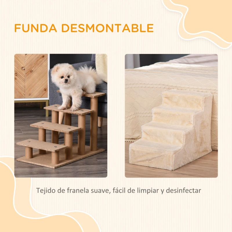 PawHut Escalera para Mascotas de 4 Peldaños 2 en 1 con Funda Extraíble y Lavable Escalera Rascadora de Perros 60x35x44 cm Beige