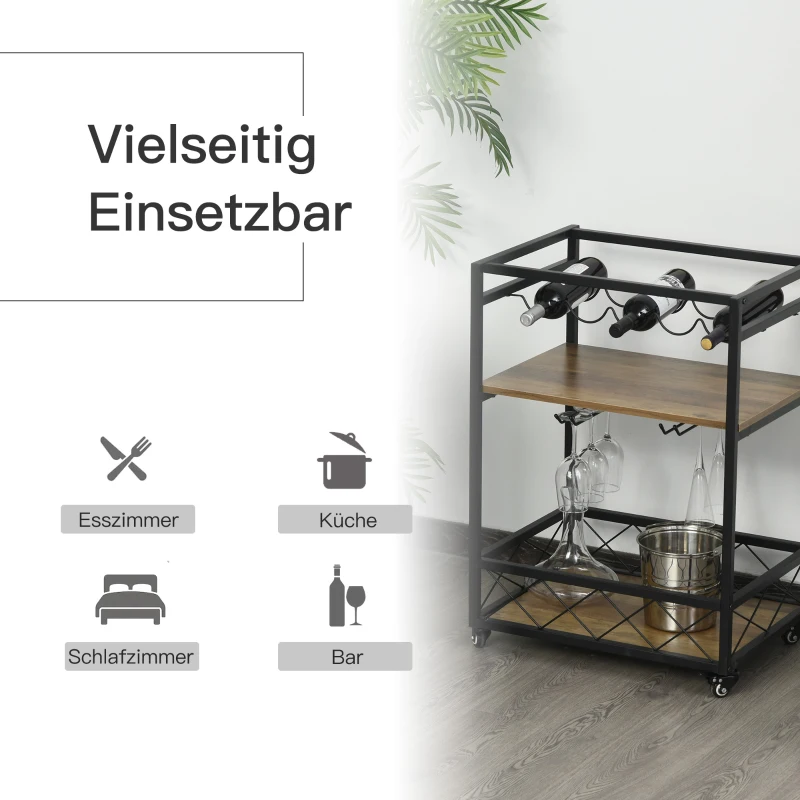 Wózek kuchenny wózek do serwowania z półką na wino i uchwytem na kieliszki hamulcami metal