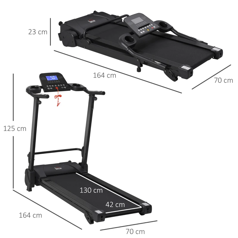 HOMCOM Cinta de Correr Andar Eléctrica Plegable con Velocidad hasta 14 km/h Pantalla LCD Superficie de Carrera de 42x130 cm Inclinación Manual y Ruedas de Transporte 164x70x125 cm Negro
