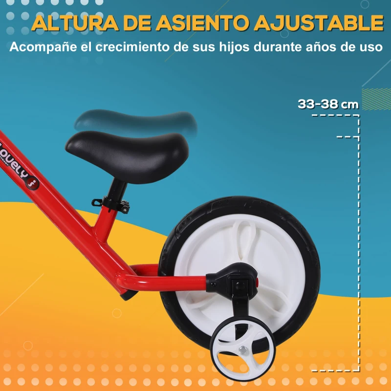 HOMCOM Bicicleta de Equilibrio con Pedales y Ruedas Entrenamiento Extraíbles de Asiento Regulable 33-38cm Niños +24 Meses Carga 25kg Rojo