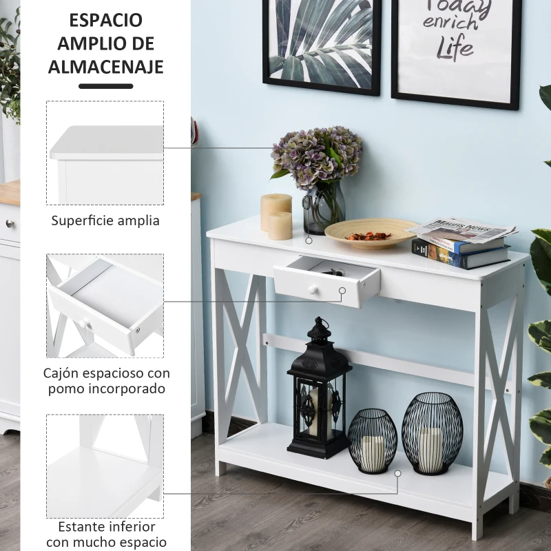 HOMCOM Mesa de Consola de Madera Mesa de Entrada con 1 Cajón y 1 Estante de Almacenaje para Pasillo Salón 100x30x81cm Blanco