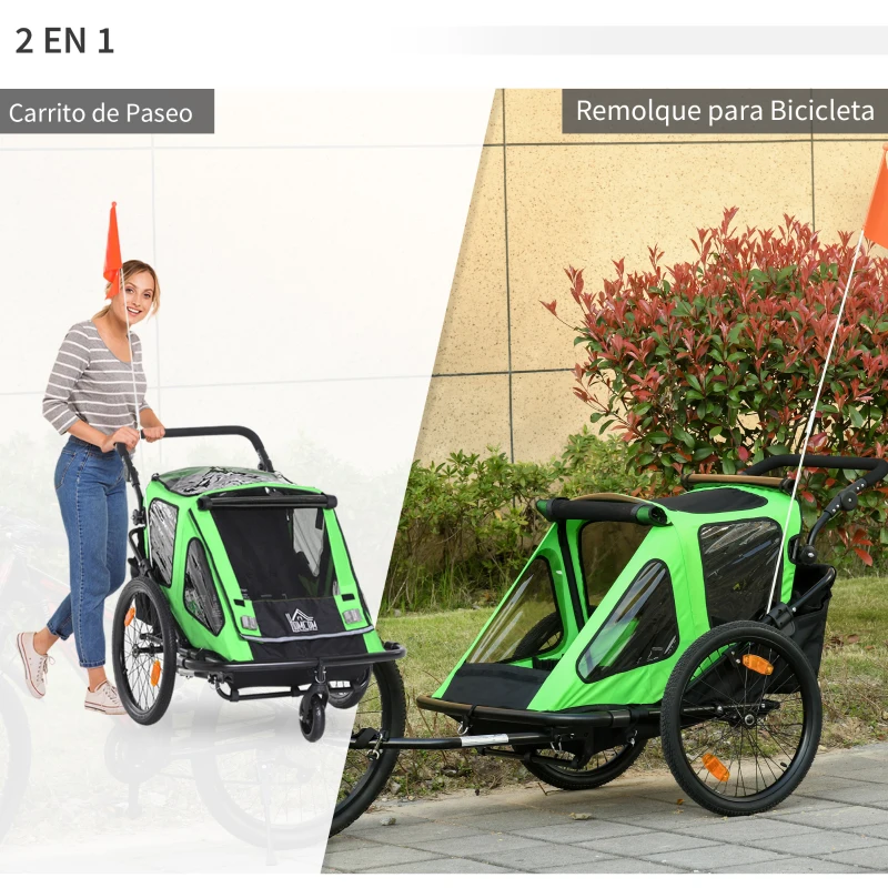 HOMCOM Remolque de Bicicleta 2 en 1 para Niños +18 Meses Plegable Cochecito de Paseo de 2 Plazas con Manillar Ajustable en Altura Bandera y Reflectores 160x83x96 cm Verde