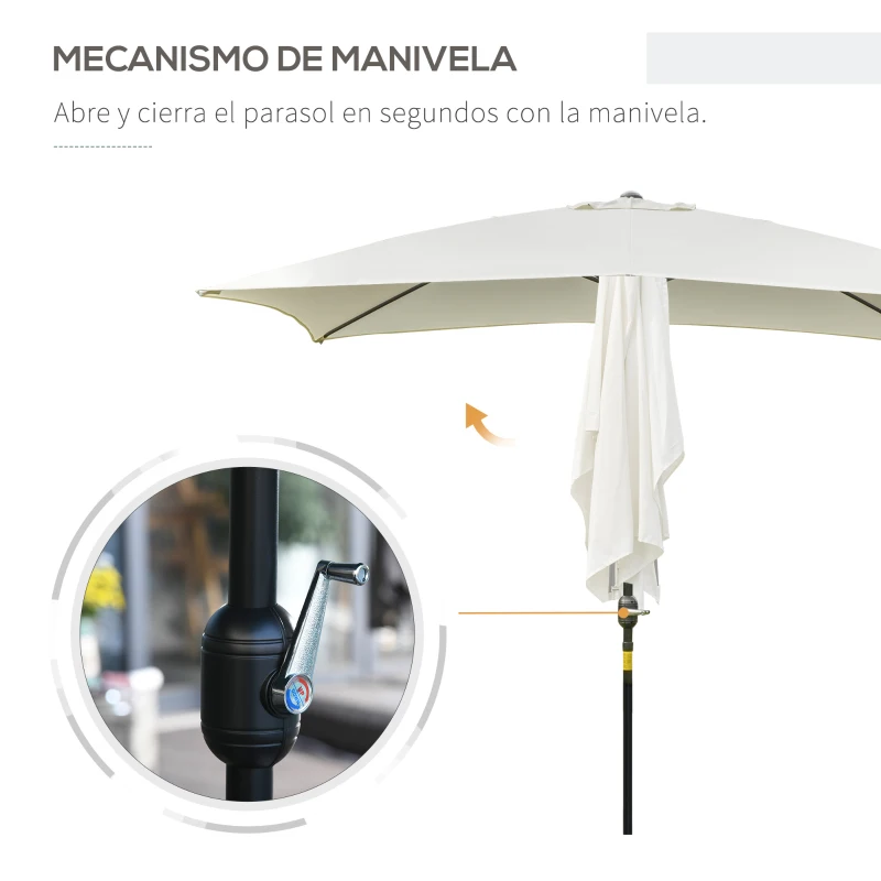 Outsunny Sombrilla de Aluminio 200x300x240 cm Parasol Rectangular de Jardín Inclinable con Manivela y Poste Desmontable para Terraza Piscina Patio Exterior Crema