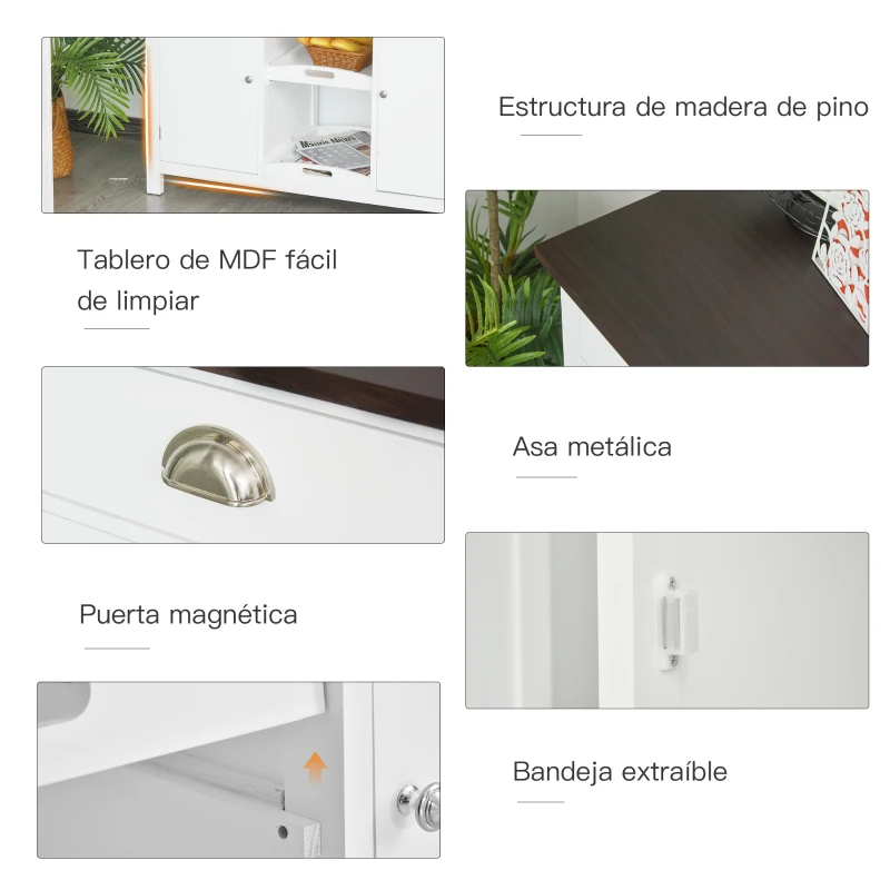 HOMCOM Aparador de Cocina Buffet para Salón con 2 Puertas Cajones Estantes Abiertos y Bandeja Extraíble Mueble Auxiliar de Salón Comedor 115x48x87 cm Blanco